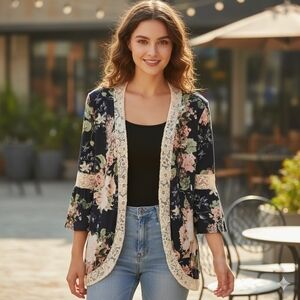 Floral Lace Trim Kimono Cardigan